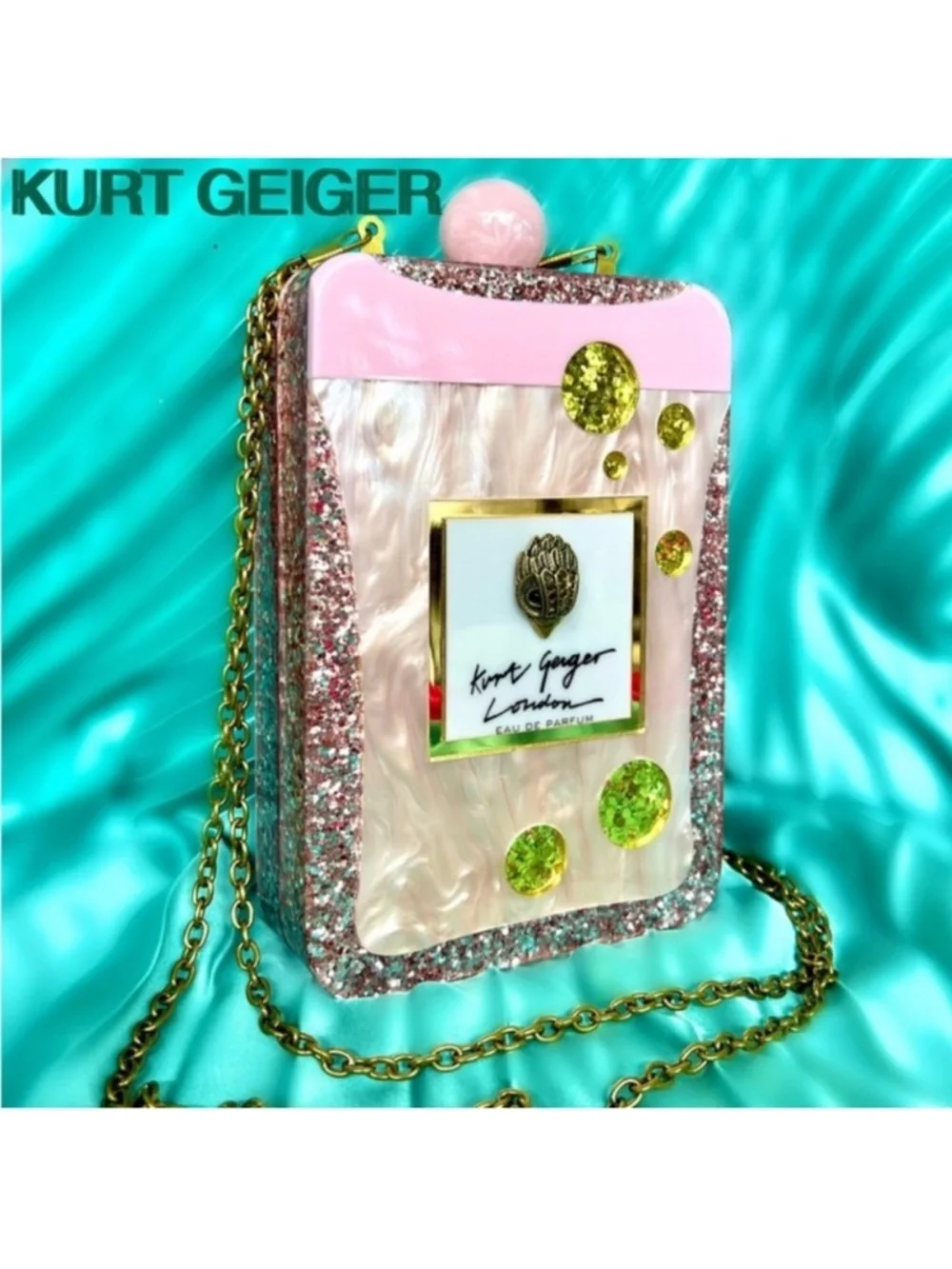 Kurt Geiger Pink Pearl and Gold Sequin Perfume Bottle Crossbody